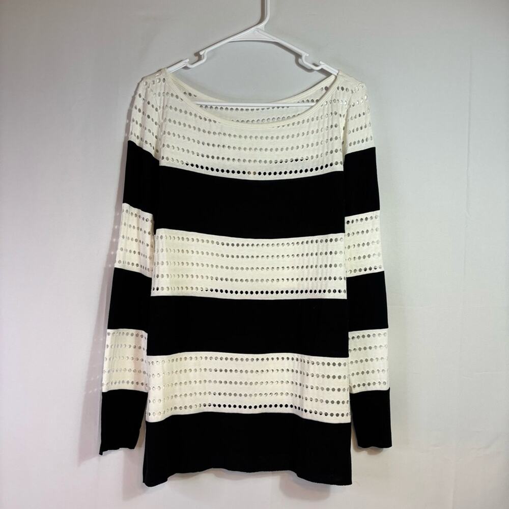 Bailey 44 Black and White Long Sleeve Eyelet Top Size Medium I0166